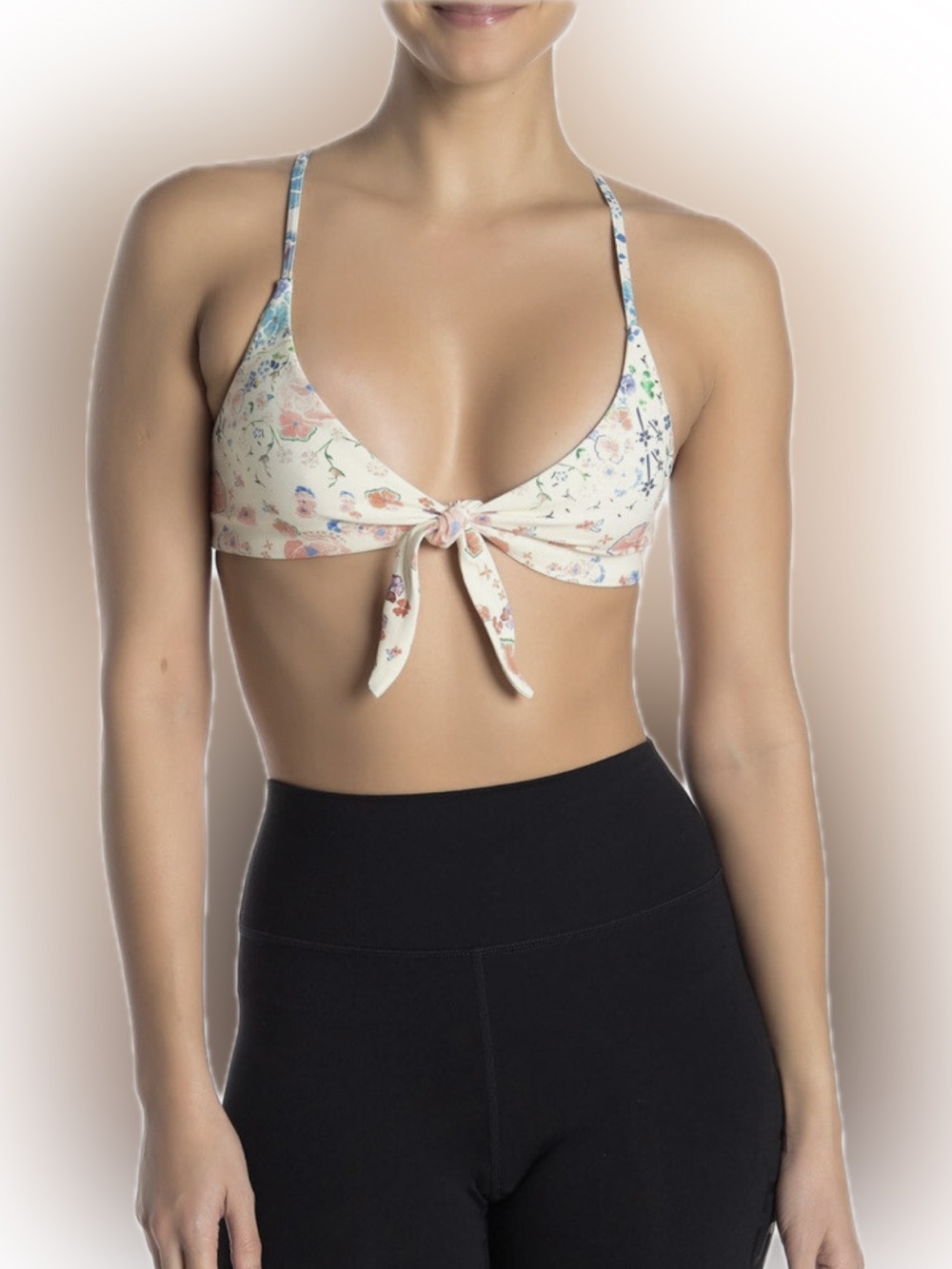 Spiritual Gangster Unity Tie Front Floral Yoga Sports Bra Cream-Medium